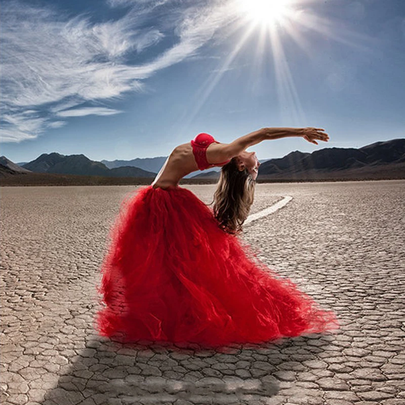 

Red Ball Gown Tulle Skirts Ruffles Floor Length Indian Dancer Skirts Custom Made Plus Size Formal Party Skirts For Women
