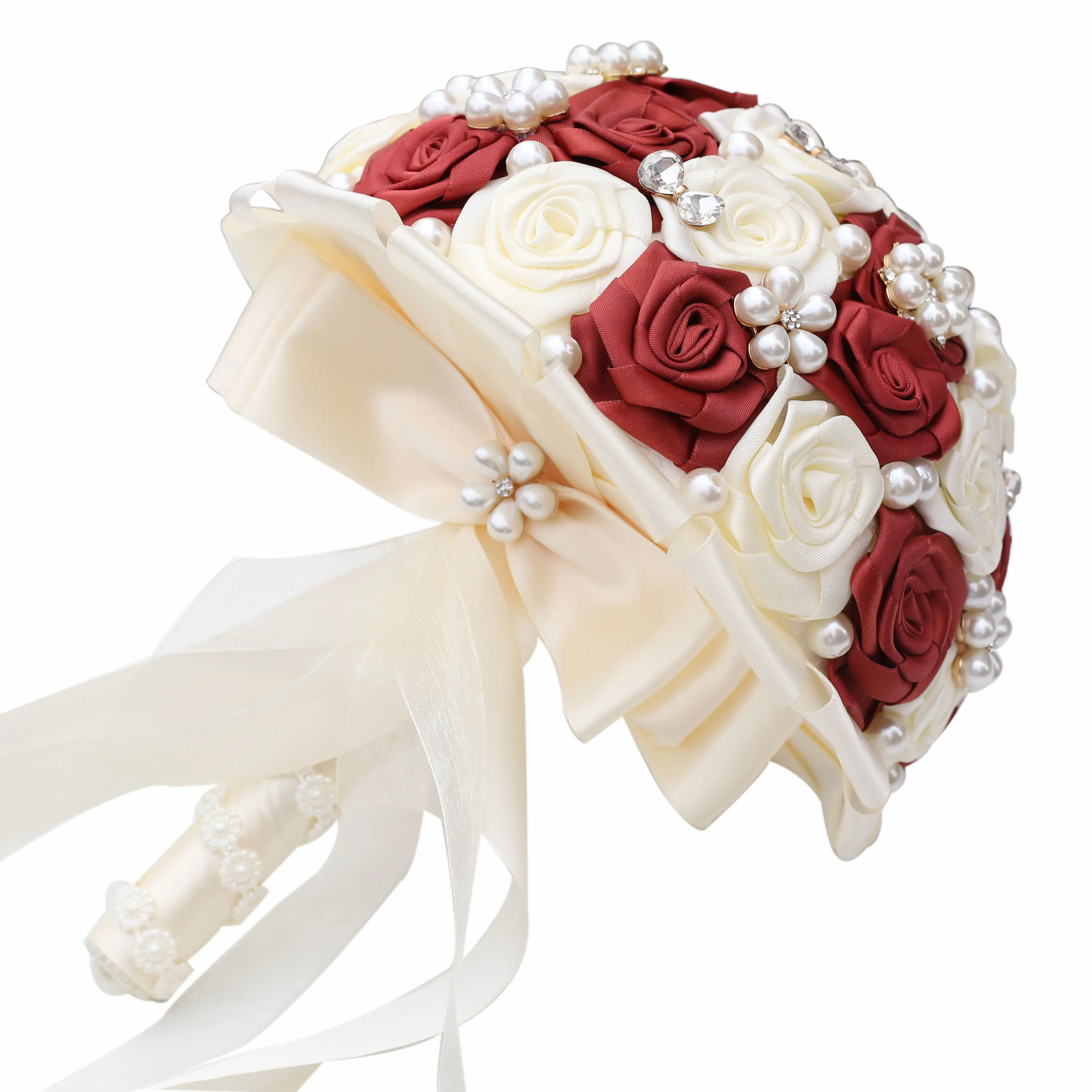 21cm Customizable Artificial Pearls Crystal Wedding Bouquets Bridesmaid Hand Hold Flower Silk Ribbon Bridal Wedding Bouquet W128