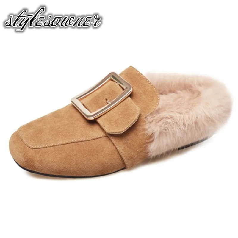 

Stylesowner High Quality New Style with Rabbit Fur Flat Shoes Slip on Popular Keep Warm All-match Cow Suede Casual Single Shoes