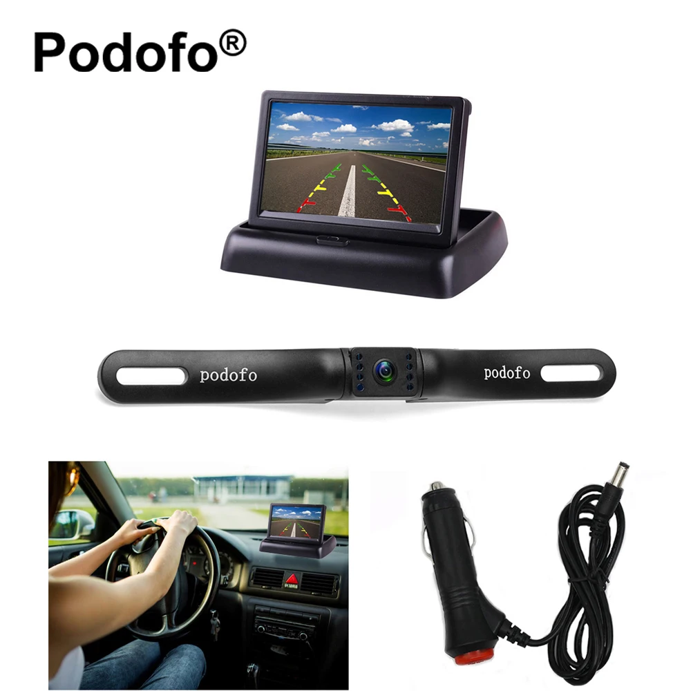 

Podofo Car Reverse Rear View Monitor Foldable 4.3" LCD Display Screen with Waterproof Vehicle Backup License Plate Camera Kit