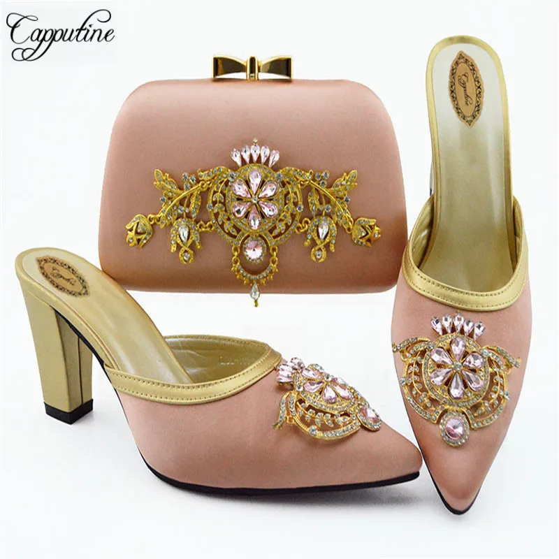 Fashion Elegant Rhinestone Woman Shoes And Matching Bags Set Size 38-43 Italy Style High Heel Shoes And Bags For Wedding SL009
