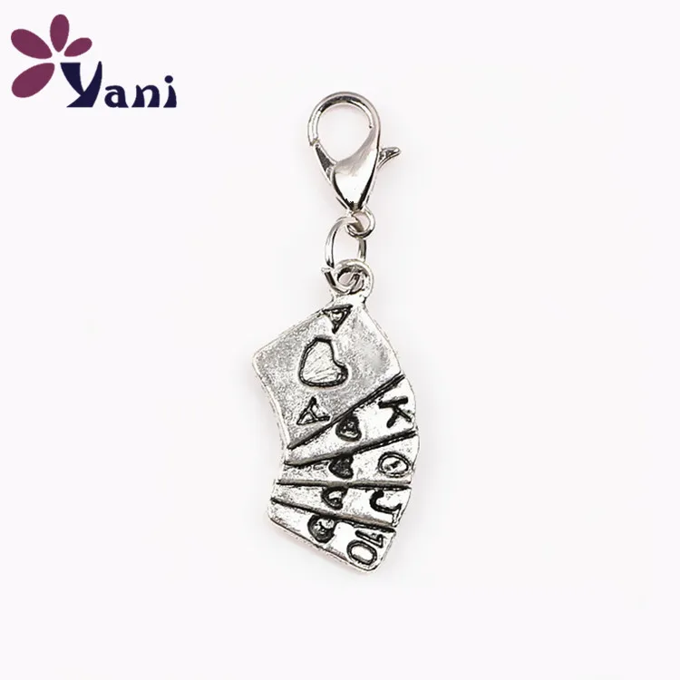 

20pcs/lot Fashion Antique Silver Tone Plated Poker Charms Pendant for Jewelry Making with Lobster Clasp Dangle
