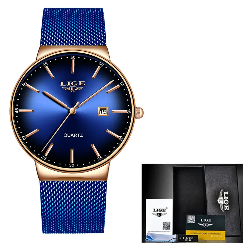 LIGE Спорт Дата Для мужчин s часы лучший бренд класса люкс Водонепроницаемый модные часы Для мужчин ультра тонкий циферблат Кварцевые часы Relogio masculino - Цвет: All blue