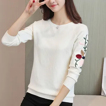 

High quality women fashion 2019 Round Neck sweater women top woman long sleeve warm sweaters Embroidered Knitted pullover YF222