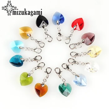 

12pcs/lot Colorful Heart Lobster Clasp Crystal Charms 14MM For Glass Living Memory Locket DIY Accessories
