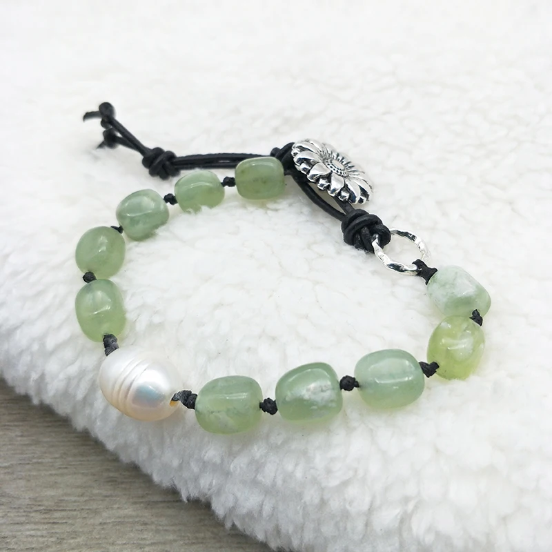 Shuangsheng натуральный зеленый камень жемчужный браслет с узелками ручной работы высокое ювелирное изделие богемный кожаный браслет для женщин Подарки