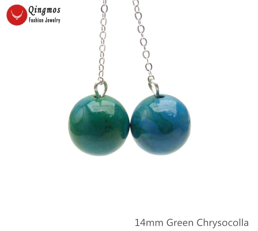 

Qingmos Trendy Green Chrysocolla Earring for Women with 14mm Round Chrysocolla Dangle Earring Jewelry Silver S925 Hook ear728