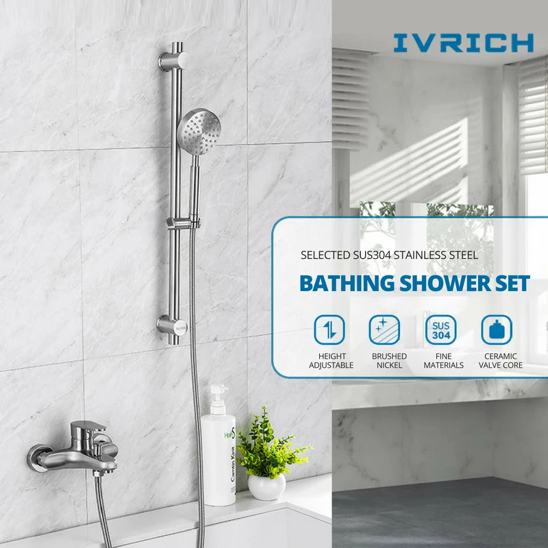 

IVRICH Stainless Handheld Shower System Bathroom Slide Bar Shower Set Stainless Hand Shower Head Bathtub Mixer Suit VR3611-1