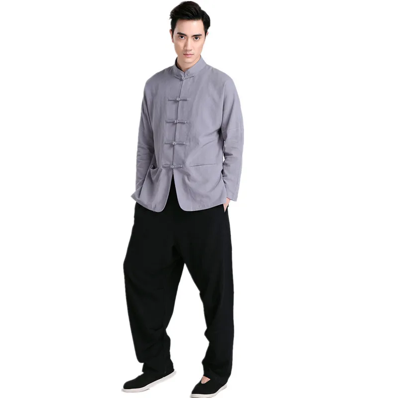 

New Arrival Gray Black Chinese Men Kung fu Uniform Cotton Tai Chi Wu Shu Suit Vintage Button Clothing M L XL XXL XXXL