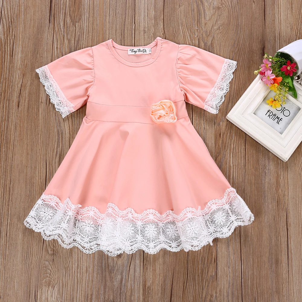 New Flower cotton Dress Princess Kids Baby Girls Short sleeve Dress ...