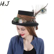 13,5 см верхняя шерстяная черная женская и мужская шляпа в стиле стимпанк с очками ручной работы, перьевая фетровая шляпа для косплея, шляпа в стиле стимпанк