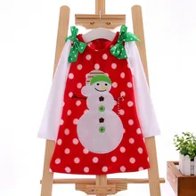 2016 New Baby Kids Girls Christmas Dress Cotton Long Sleeve Bow Dot Snowman Autumn&Winter Dress 2~7Y