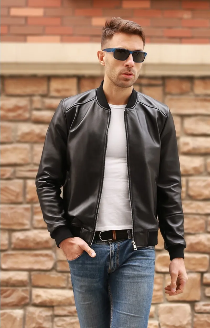 Sheepskin Slim Aviation Genuine Leather Bomber Jacket Men - A.Z.A.Y