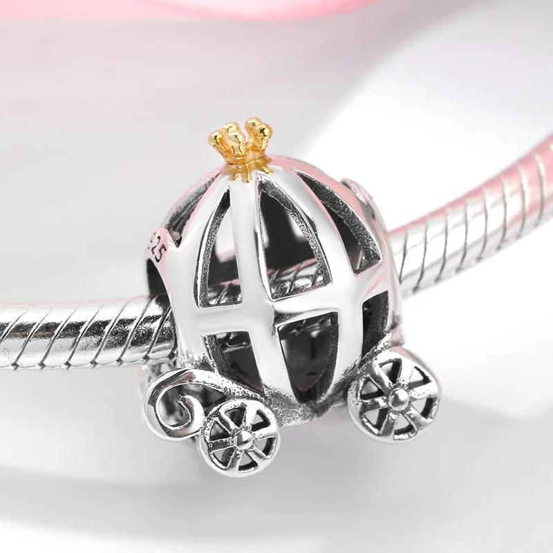 Модная 925 пробы Серебряная корона принцесса выдалбливают Тыква автомобиль Изящные бусины ювелирные изделия подходит Pandora браслет