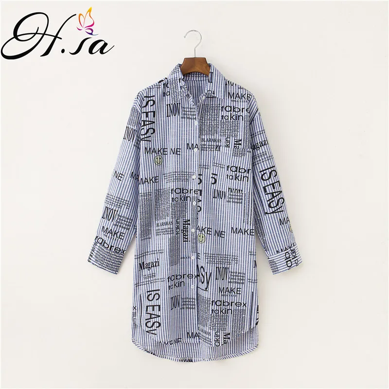 

H.SA Women Long Blusas Mujer Turn-Down Collar Long Sleeve Casual Streetwear Blouses Letters Printed Fashion blusas mujer de moda