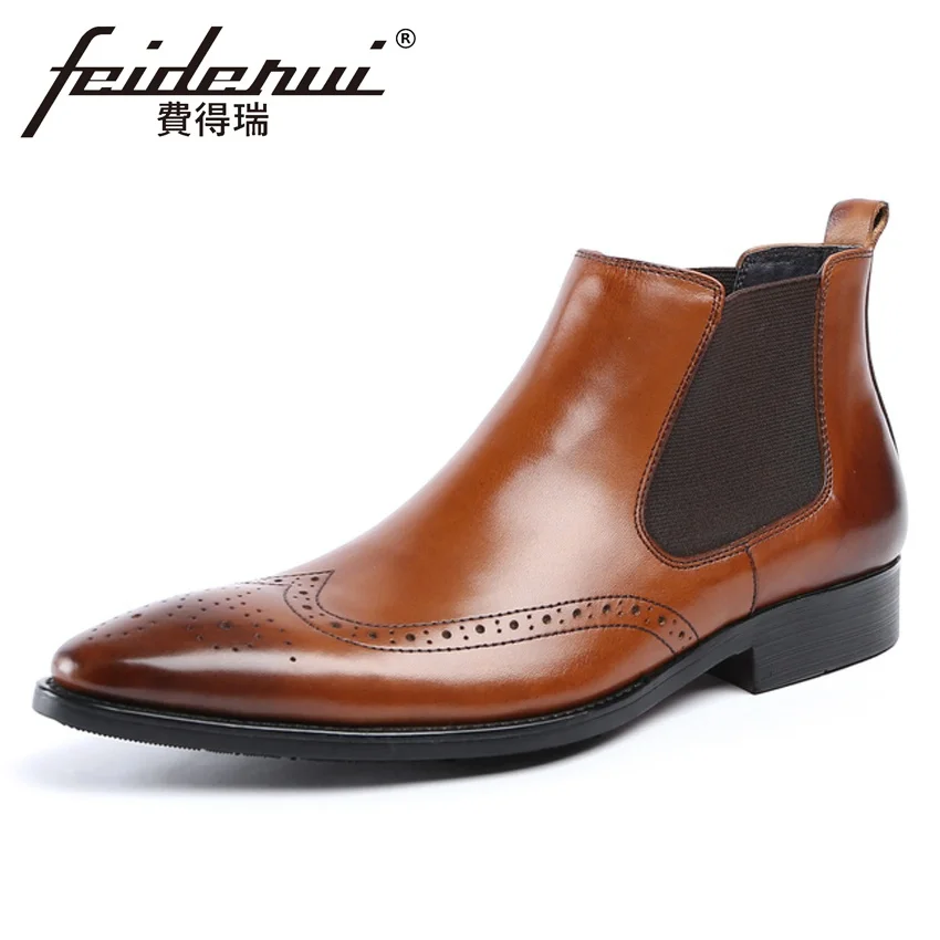 Summer Genuine Leather Men's Carved Chelsea Ankle Boots Pointed Toe