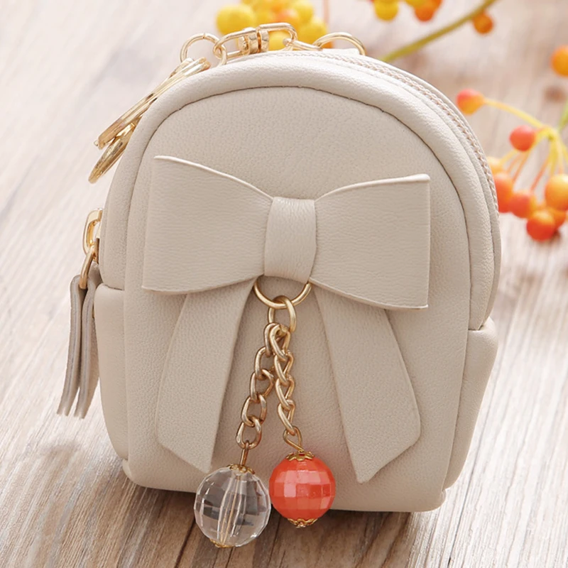 

woman Key case Small bag Bow crystal Pendant zipper coin purse Mini Small Wallet Solid Student Preppy Style Four-color selection