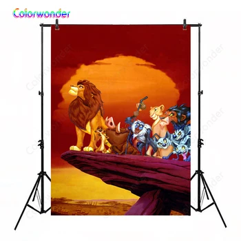 

Animals World Photo Background Lion King Simba with His Friends Staning on the Red Rock 5x7ft Dusk Scenery Backdrops for Kids