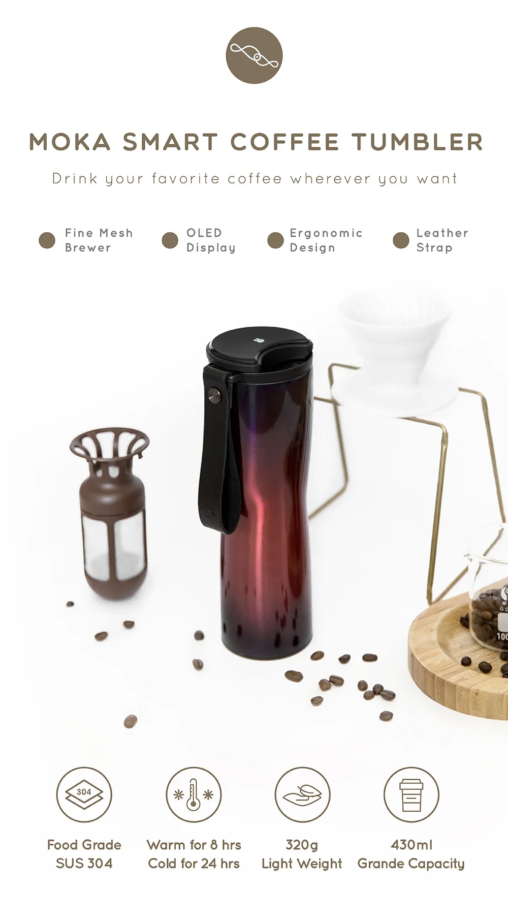 Xiaomi дорожная кружка Moka Smart coffee Tumbler 430 мл портативная Вакуумная бутылка OLED сенсорный экран термос кофейная чашка из нержавеющей стали