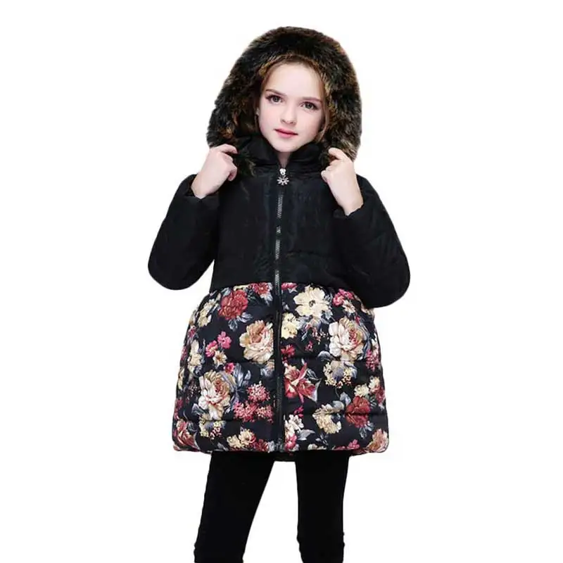 

4-9T Girls Clothes Fur Hooded Floral Print Vintage Down Coats Snowsuit Winter Jacket for Girls 2018 Plus Size Outerwear & Coats