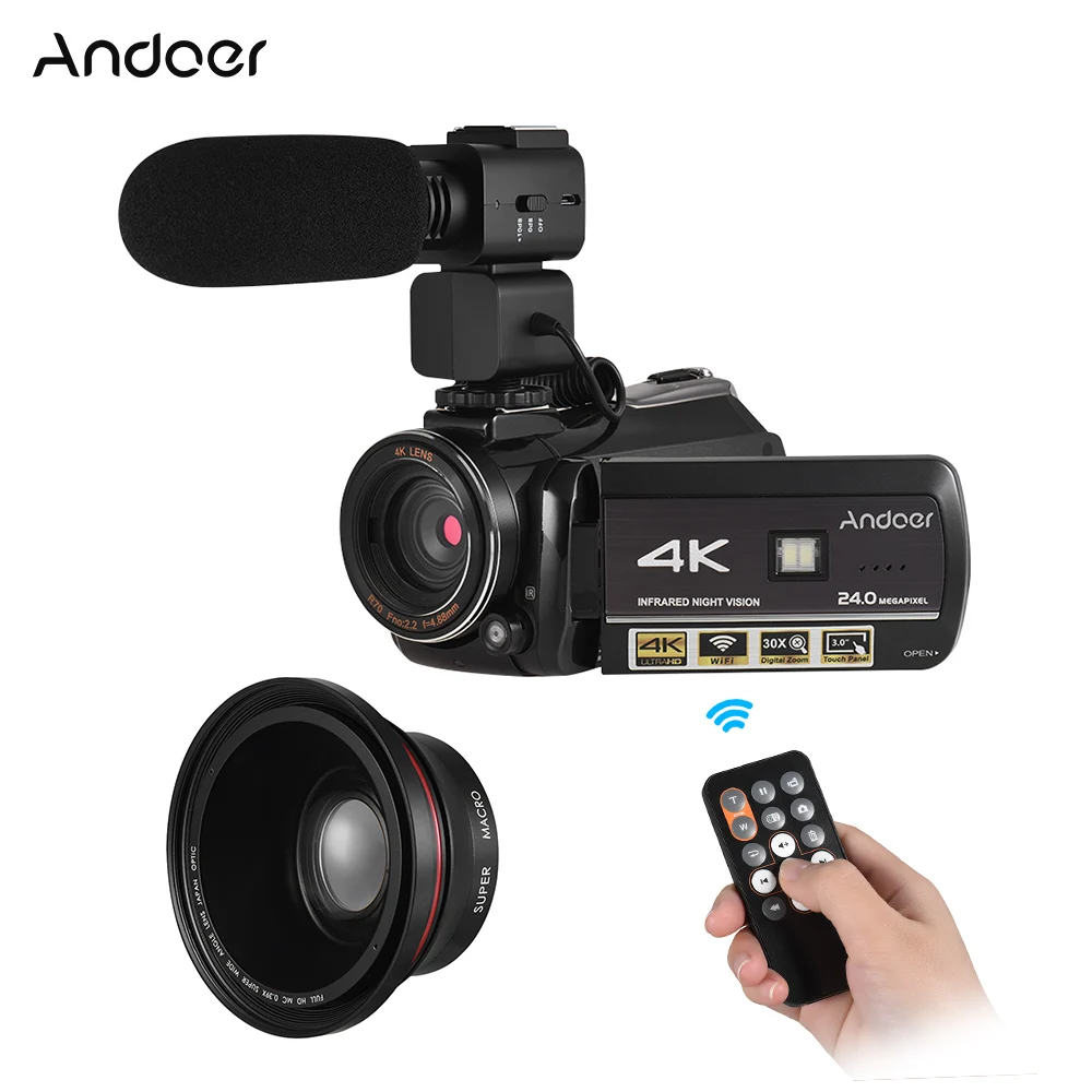 

Andoer AC3 Video Camera 4K Video Camera Professional Camcorder 30X Zoom with Extra 0.39X Wide Angle Lens + External Microphone