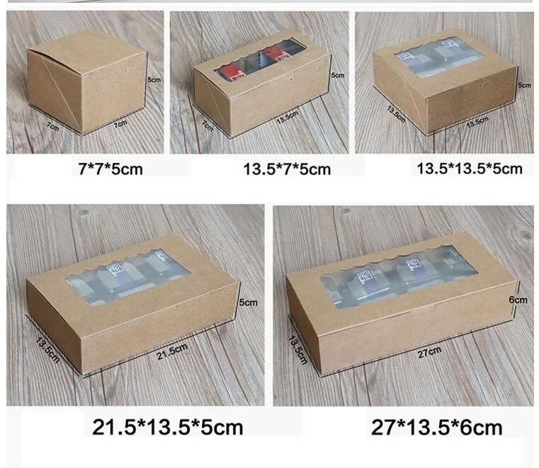 

50pcs brown Kraft Paper cake box with pvc window, Cookies Biscuit 6 cupcake packaging box,blue dots gift packaging box for cake