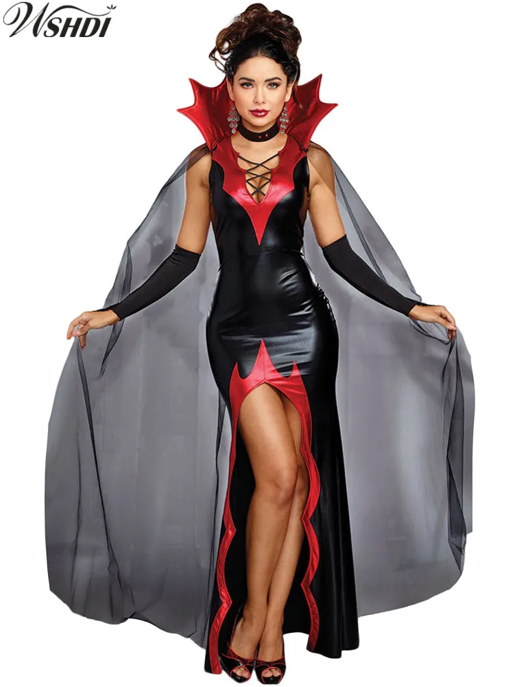

New Sexy Women Killing It Halloween Cosplay Fancy Dress with Cape Gloves Fashion Vampire Costume Gown Black Party Clothes