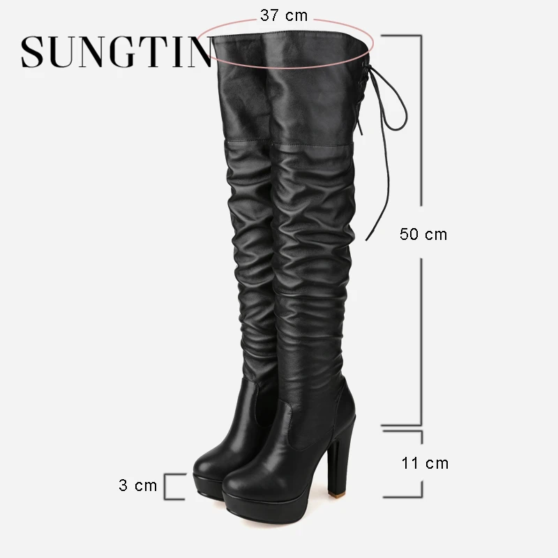 Sungtin/Классические базовые Сапоги выше колена; женские пикантные высокие сапоги на платформе и высоком каблуке со шнуровкой; женские ботфорты из искусственной кожи