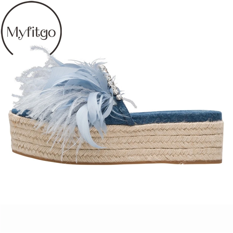 

Myfitgo Denim Feather Platform Slippers Women Crystal Open Toe Flats Espadrilles Sandals Summer Shoes Fur Slides Beach Slippers
