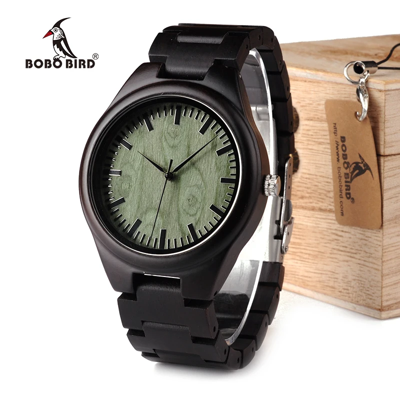 BOBO BIRD WH03 Mens Ebony Wooden Watch Green Wood Dial Vintage Watch for Mens With Wood Box OEM