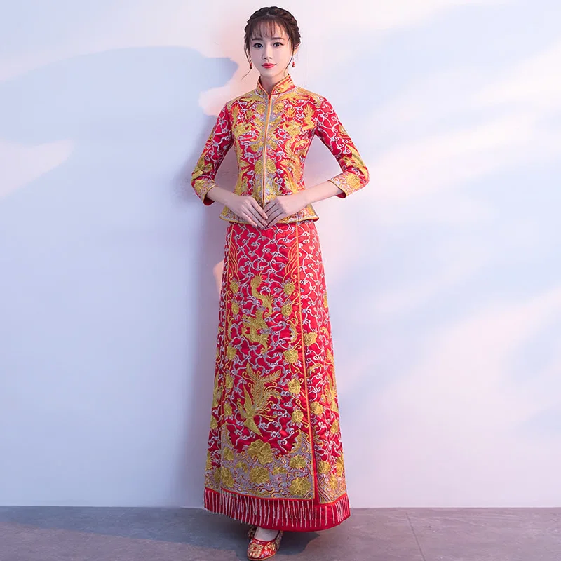 

Red Bride Qipao Long Traditional Chinese Style Wedding Dress Embroidery Cheongsam Phoenix Traditionnel Chinois Vestidos Chineses