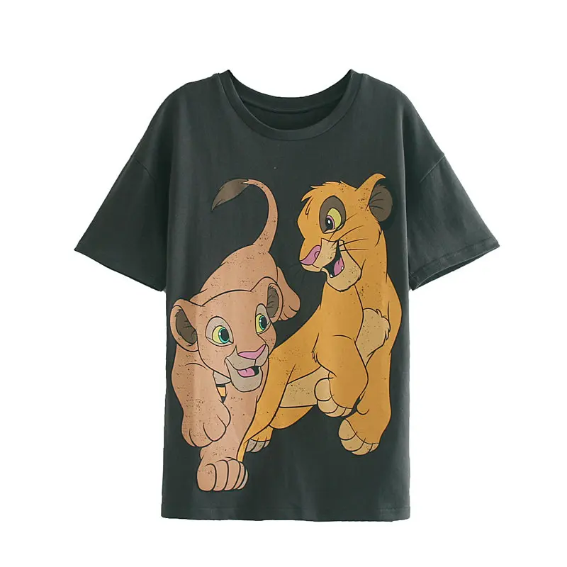 

Lion Cartoon Printed 2019 Women Cotton T-shirt Summer Casual Short Sleeve O-Neck Brand T-shirt Ladies Gray Cute Tee Top