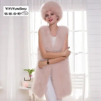 

YIYIYUNSHU 90CM 100% Real Turkey Fur pink Vest For women Genuine Ostrich Fur Jacket Russian Winter Real Turkey Fur Vest Women