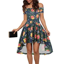 Elegante Fuera del Hombro de Slash Cuello de la Impresión Floral de las mujeres de La Manera Irregular del Estilo de Lolita Del Partido de Coctel Plisado Vestido Skater 400234