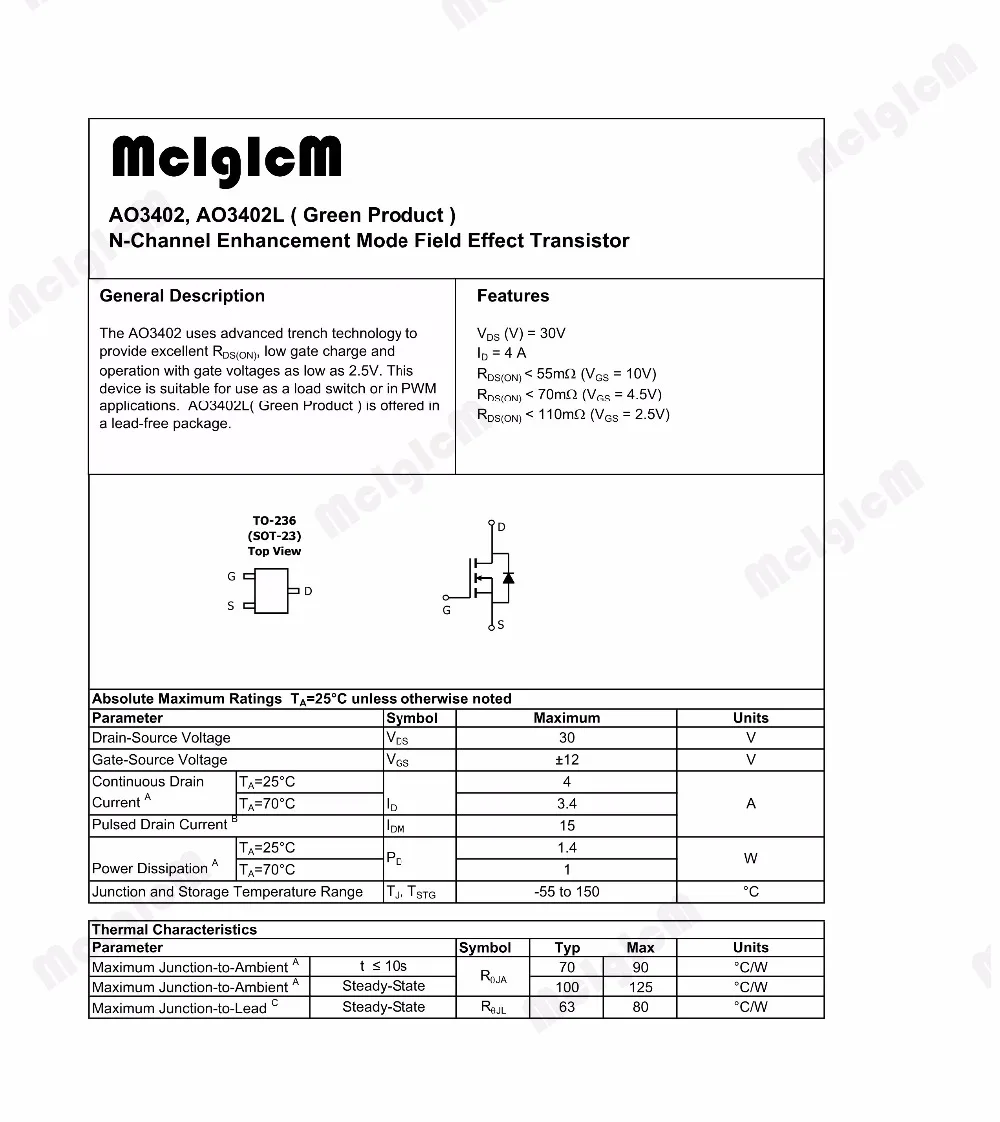 MCIGICM AO3402 100 шт. 30V 4A СОТ-23 N-Channel 1,4 W(Ta) поверхностного монтажа SOT-23-3L