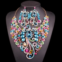 Большой Кристалл наборы свадебных ювелирных изделий Свадебный костюм аксессуар индийский ожерелье серьги для невесты Павлин Ювелирные наборы для женщин