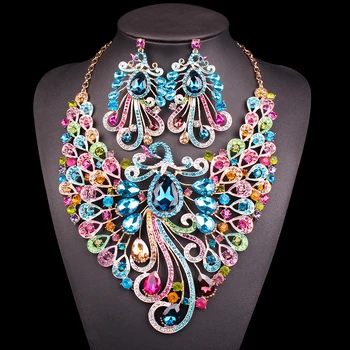 

Big Crystal Bridal Jewelry Sets Wedding Party Costume Accessory Indian Necklace Earrings for bride Peacock jewellery sets Women