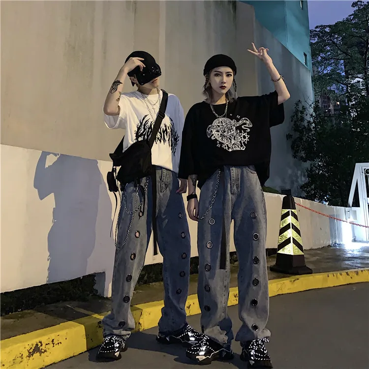 LMCAVASUN женские джинсы Широкие брюки женские Harajuku стиль уличная хип хоп панк выдолбленный повседневные джинсы хипстер