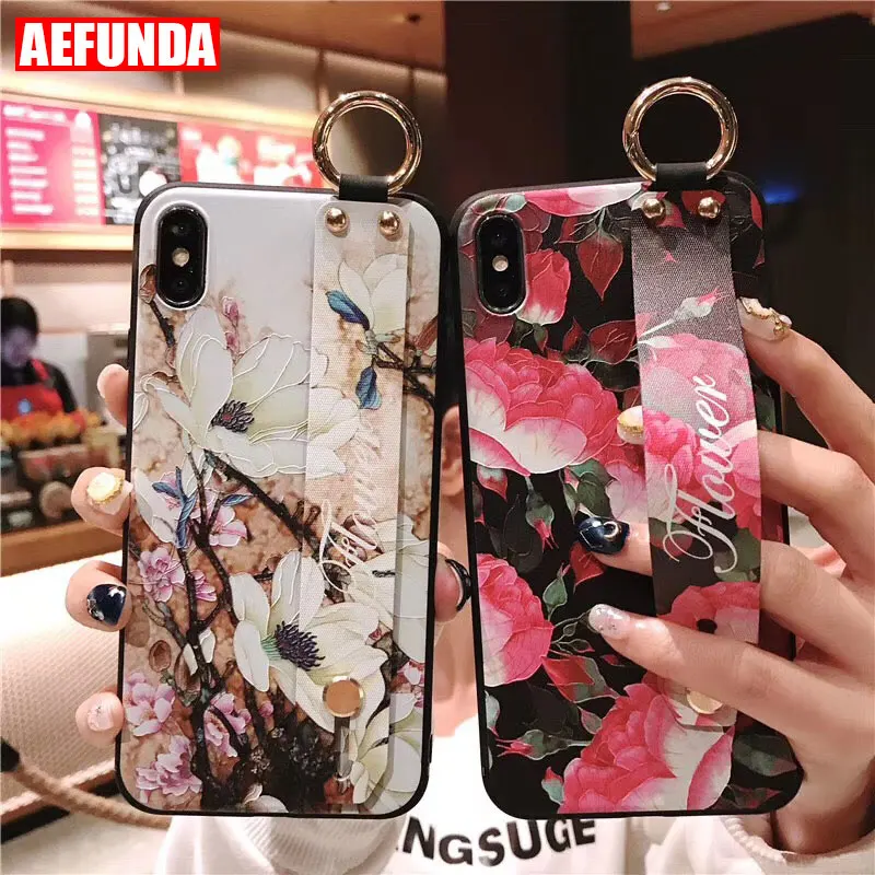 

Wrist Strap Cases For iPhone 7 6S 6 8 Plus Elegant White Flower Phone Case For iPhone XR 5S SE XS Max Matte Soft Silicone Cover