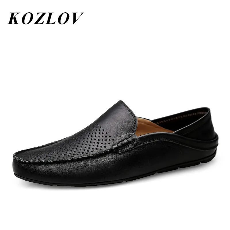 men's casual shoes slip on hollow leather loafers