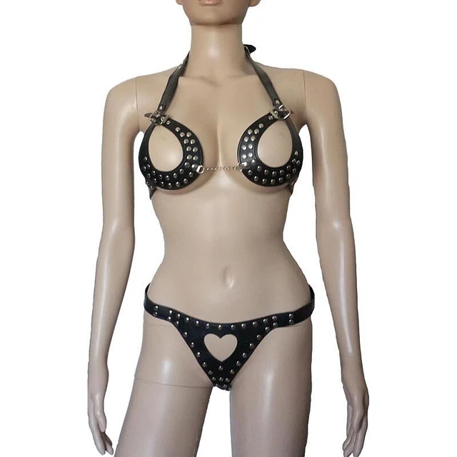 Women Studded Faux Leather Cupless Body Harness Bikini Set Heart