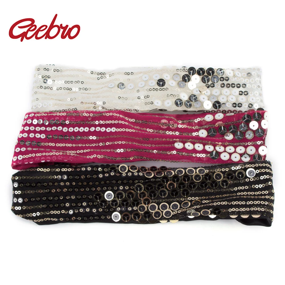 

Geebro Women's Metallic Color Sequins Headband Summer Polyester Breathable Elastic Headband for Girls Spa Head Band Accessory