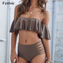 Vertvie, сексуальный женский купальник, с открытыми плечами, бикини, набор, с оборками, купальник с высокой талией, без бретелек, пляжная одежда, с подкладкой, бандо, бикини