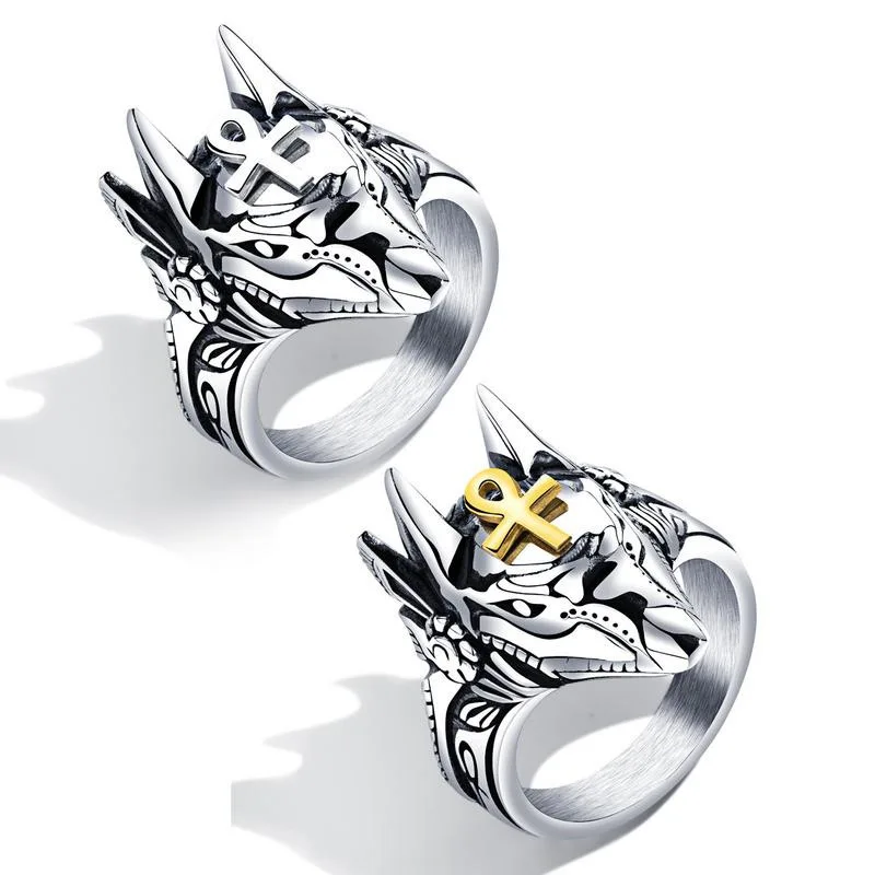 

2019 new Egyptian cross Anubis god finger ring men and women punk wolf head domineering titanium steel knuckle retro jewelry
