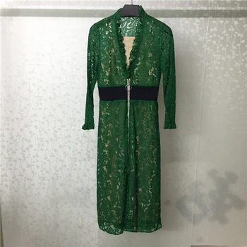 

2019 Women Dress Summer Elegant Green Lace Dress Elegant High Waist V Neck Long Dresses Casual