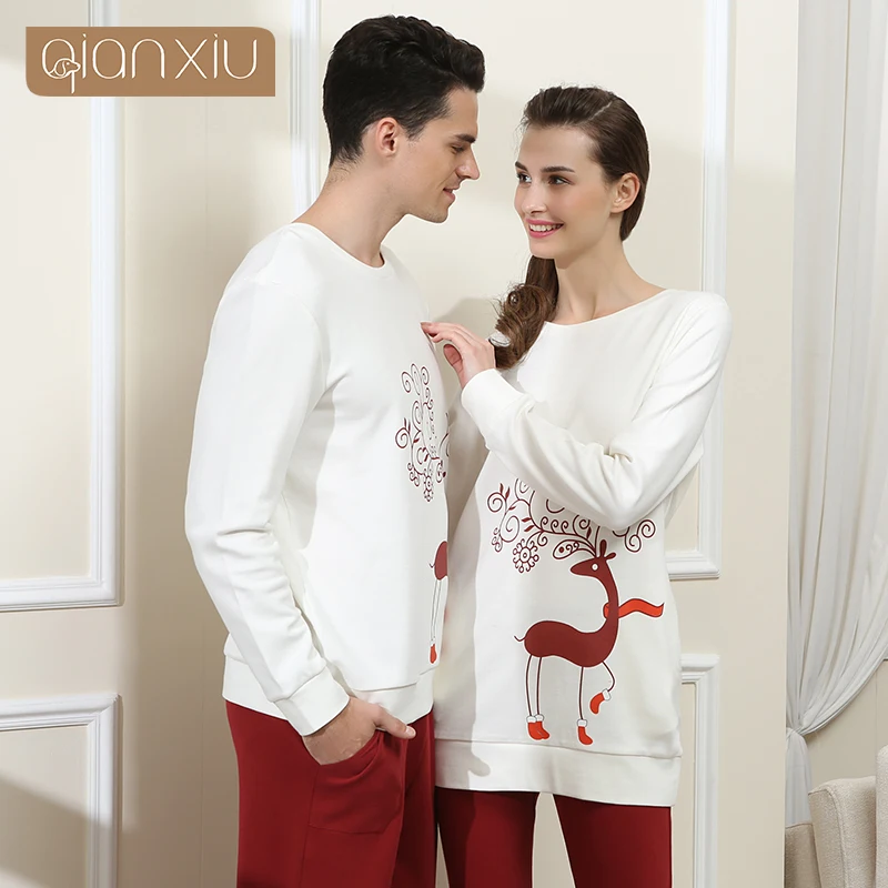 

Qianxiu Pajamas sets For Men cotton sleepwear Long sleeve nightwear O-neck Lounge wear 1532