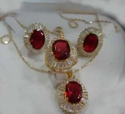 

Charming Noblest Red Crystal necklace pendant earrings ring Set >>18K gold plated watch wholesale Quartz stone CZ crystal