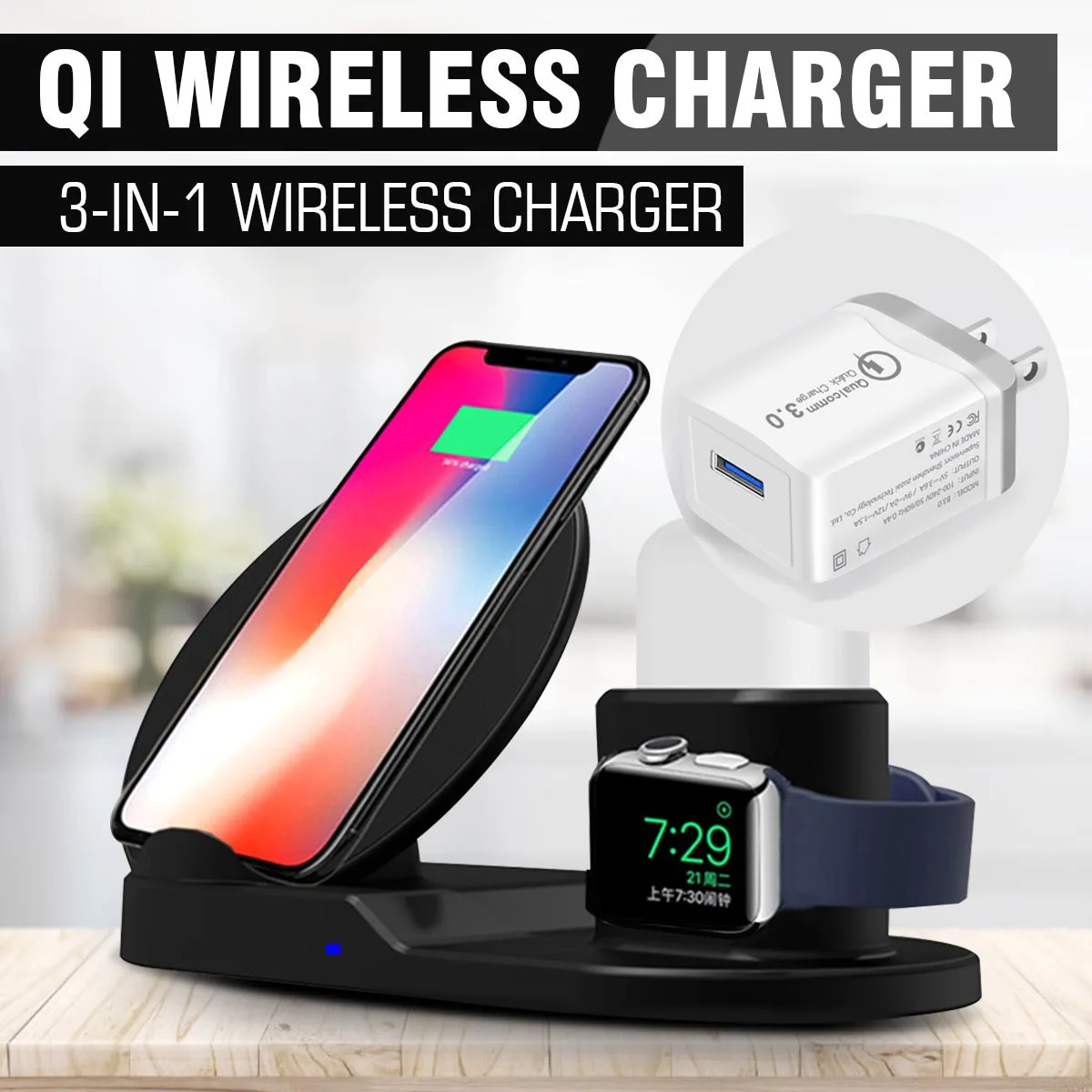 Fast Charging 3 IN 1 10W Qi Wireless Charger Dock Station for iPhone X