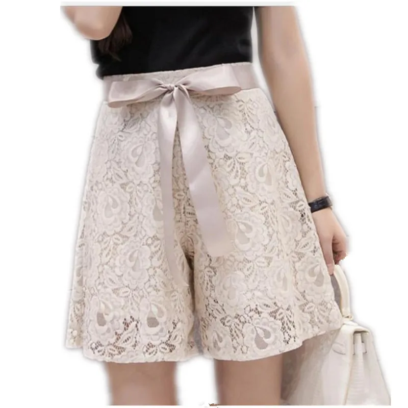 Sweet Lace Women Summer Empire Shorts 2019 Female Drawstring Hollow Out