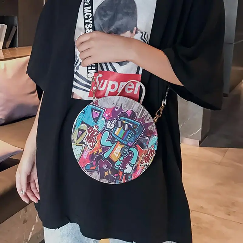All-match Crossbody Shoulder Bag Wide Shoulder Strap Printed Small Round Graffiti Bag Fashion Women Leather Messenger Totes Bags All-match Crossbody Shoulder Bag Wide Shoulder Strap Printed Small Round Graffiti Bag Fashion Women Leather Messenger Totes Bags